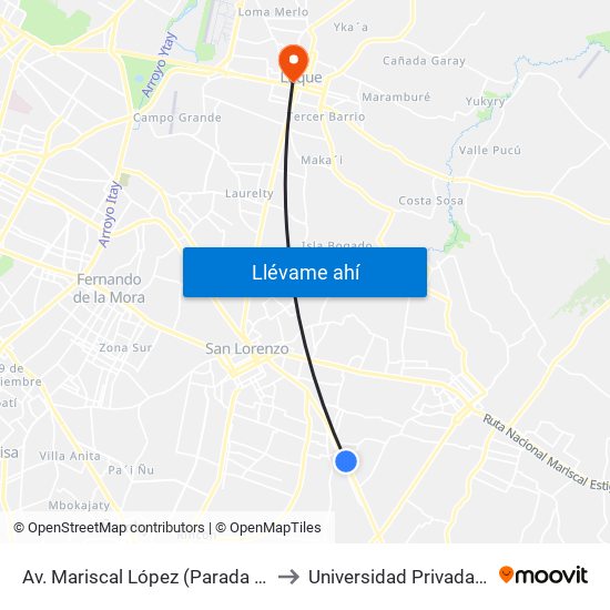Av. Mariscal López (Parada Km. 17 (1/2)) to Universidad Privada del Guaira map