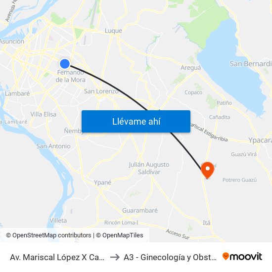Av. Mariscal López X Capitán Bueno to A3 - Ginecología y Obstetricia - HNI map