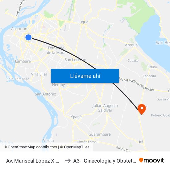 Av. Mariscal López X Melgarejo to A3 - Ginecología y Obstetricia - HNI map