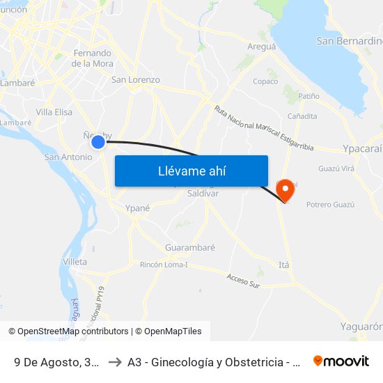 9 De Agosto, 345 to A3 - Ginecología y Obstetricia - HNI map