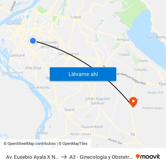 Av. Eusebio Ayala X Nazareth to A3 - Ginecología y Obstetricia - HNI map