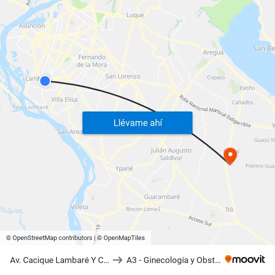 Av. Cacique Lambaré Y Calle Escobar to A3 - Ginecología y Obstetricia - HNI map