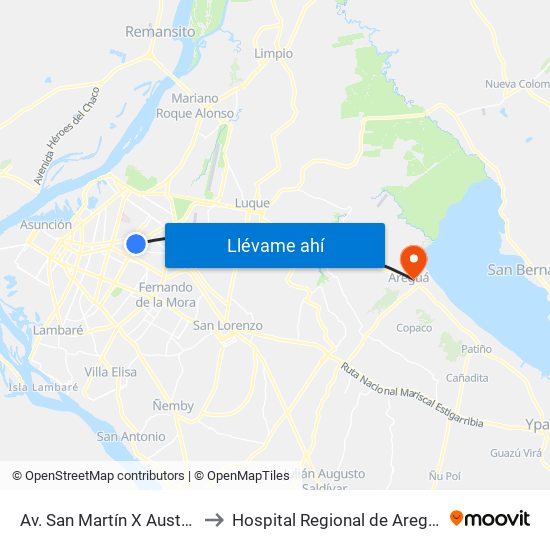 Av. San Martín X Austria to Hospital Regional de Aregua map