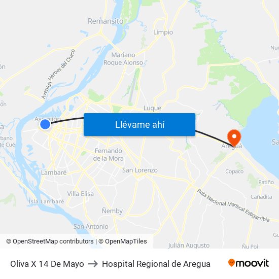 Oliva X 14 De Mayo to Hospital Regional de Aregua map