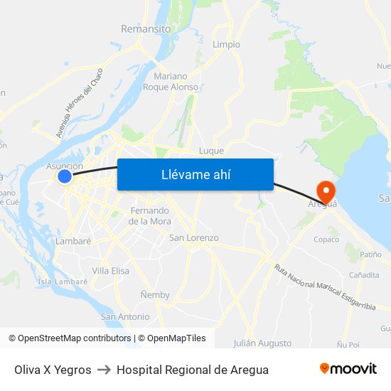 Oliva X Yegros to Hospital Regional de Aregua map