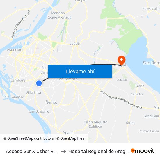 Acceso Sur X Usher Ríos to Hospital Regional de Aregua map