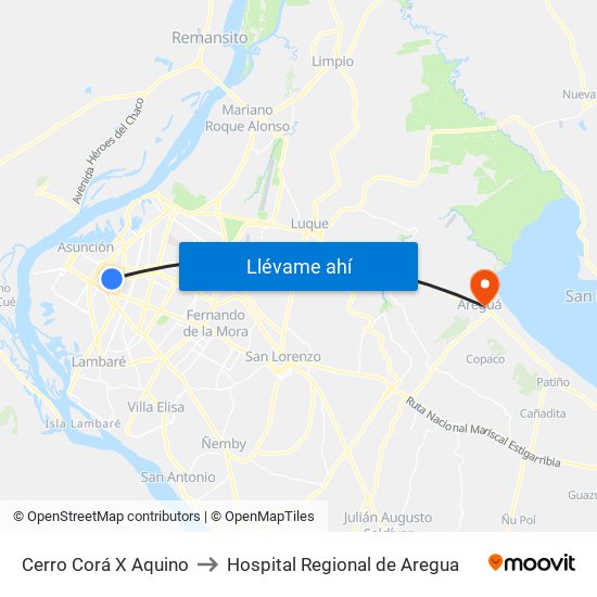 Cerro Corá X Aquino to Hospital Regional de Aregua map