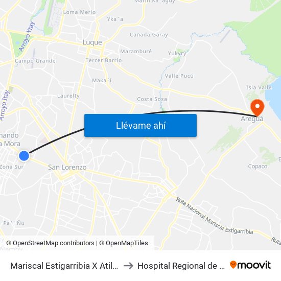 Mariscal Estigarribia X Atilio Galfre to Hospital Regional de Aregua map