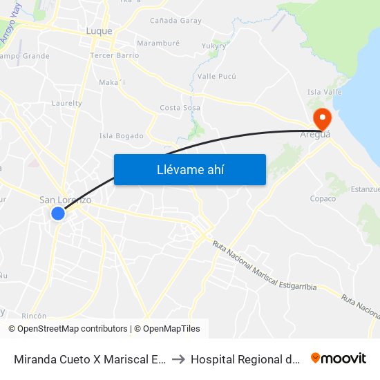 Miranda Cueto X Mariscal Estigarribia to Hospital Regional de Aregua map