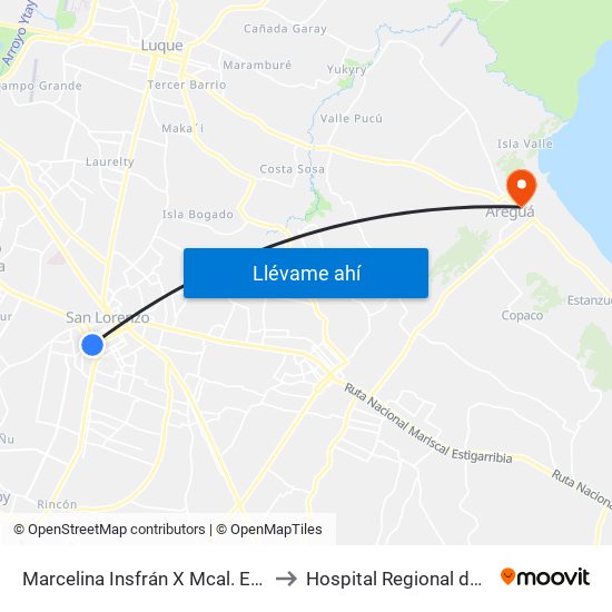 Marcelina Insfrán X Mcal. Estigarribia to Hospital Regional de Aregua map