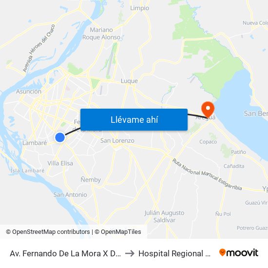 Av. Fernando De La Mora X De La Victoria to Hospital Regional de Aregua map