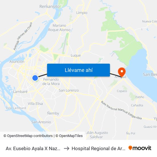 Av. Eusebio Ayala X Nazareth to Hospital Regional de Aregua map