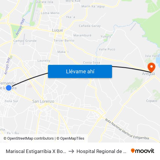 Mariscal Estigarribia X Boquerón to Hospital Regional de Aregua map