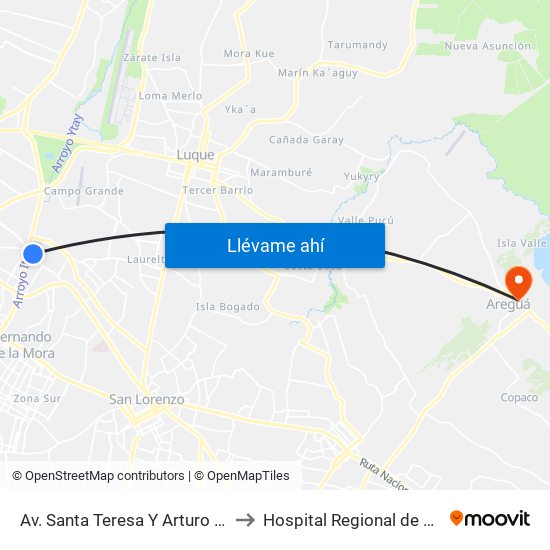 Av. Santa Teresa Y Arturo Pereira to Hospital Regional de Aregua map