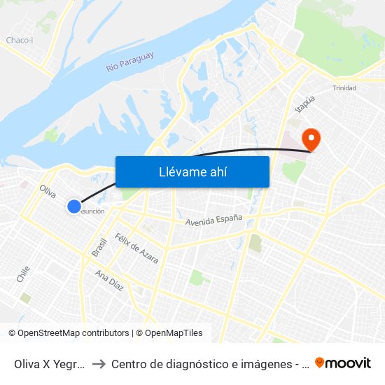 Oliva X Yegros to Centro de diagnóstico e imágenes - IPS map