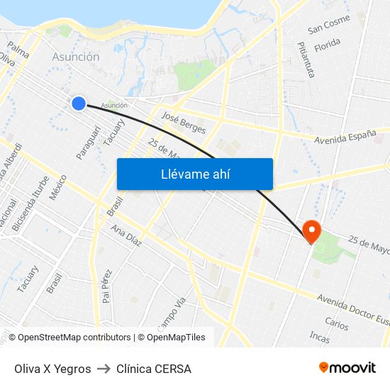 Oliva X Yegros to Clínica CERSA map