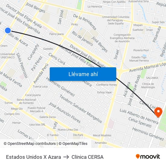 Estados Unidos X Azara to Clínica CERSA map