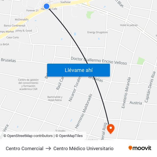 Centro Comercial to Centro Médico Universitario map