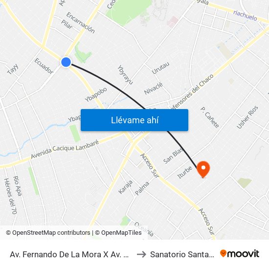 Av. Fernando De La Mora X Av. Argentina to Sanatorio Santa Clara map