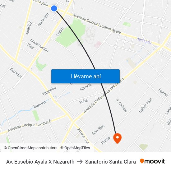 Av. Eusebio Ayala X Nazareth to Sanatorio Santa Clara map