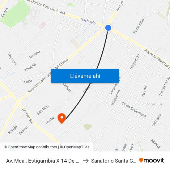 Av. Mcal. Estigarribia X 14 De Mayo to Sanatorio Santa Clara map