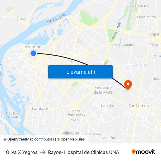 Oliva X Yegros to Rayos- Hospital de Clinicas UNA map