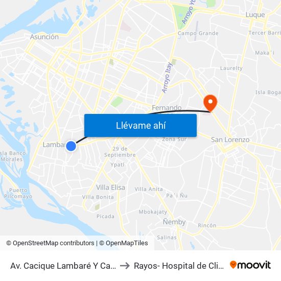 Av. Cacique Lambaré Y Calle Escobar to Rayos- Hospital de Clinicas UNA map