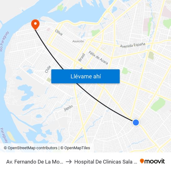 Av. Fernando De La Mora X Av. República Argentina to Hospital De Clinicas Sala 11 - Catedra de Traumatologia map