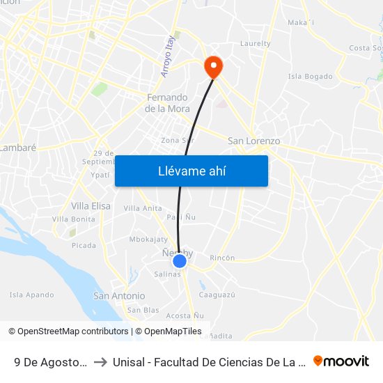 9 De Agosto, 345 to Unisal - Facultad De Ciencias De La Educacion map