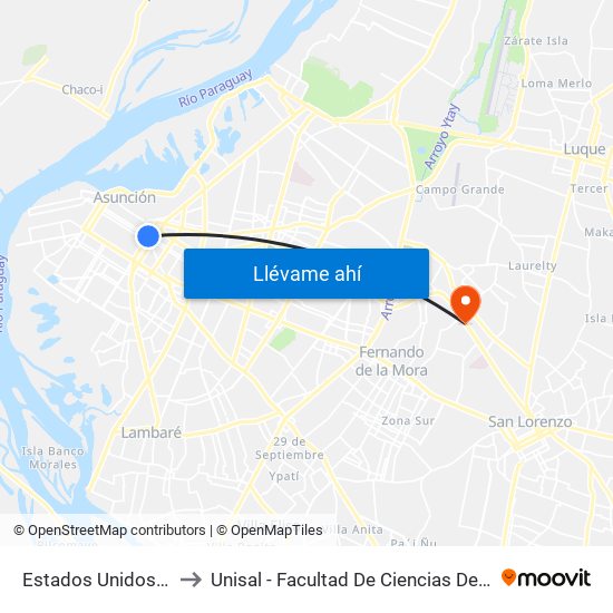 Estados Unidos X Azara to Unisal - Facultad De Ciencias De La Educacion map