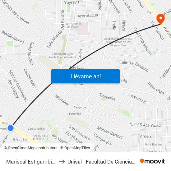 Mariscal Estigarribia X Boquerón to Unisal - Facultad De Ciencias De La Educacion map