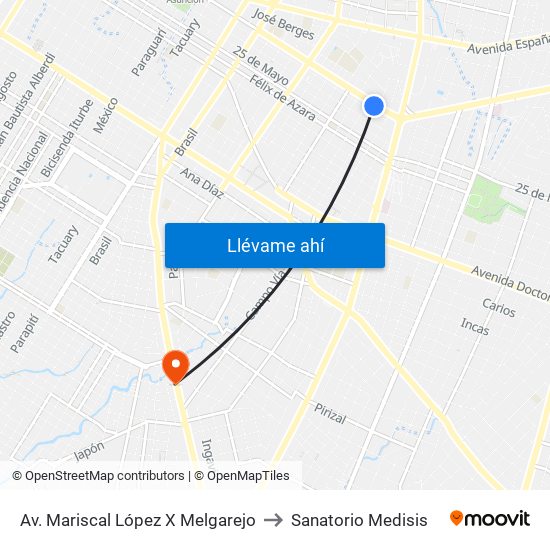 Av. Mariscal López X Melgarejo to Sanatorio Medisis map