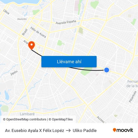 Av. Eusebio Ayala X Félix Lopéz to Uliko Paddle map