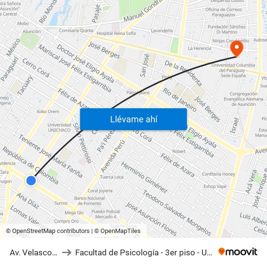 Av. Velasco X Brasil to Facultad de Psicología - 3er piso - Universidad Columbia map