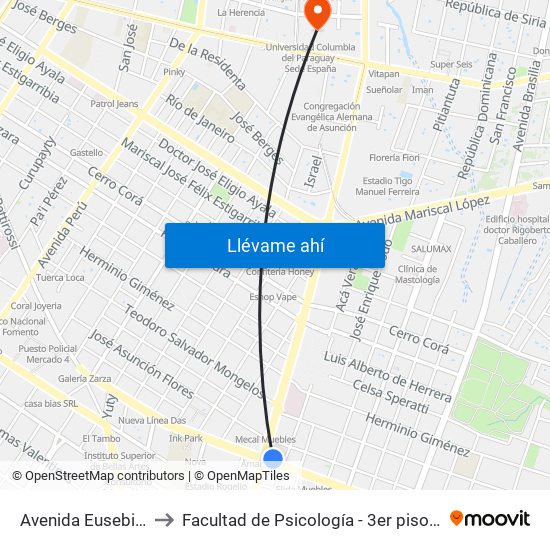 Avenida Eusebio Ayala, 995 to Facultad de Psicología - 3er piso - Universidad Columbia map