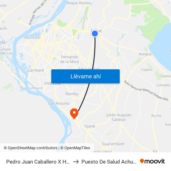 Pedro Juan Caballero X Herrera to Puesto De Salud Achucarro map
