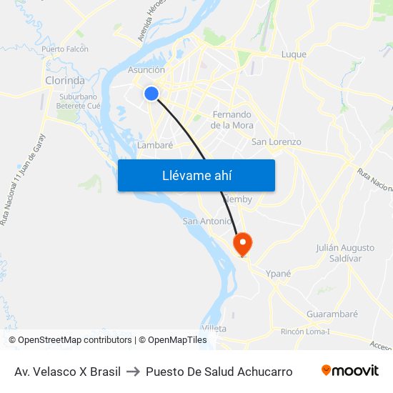 Av. Velasco X Brasil to Puesto De Salud Achucarro map