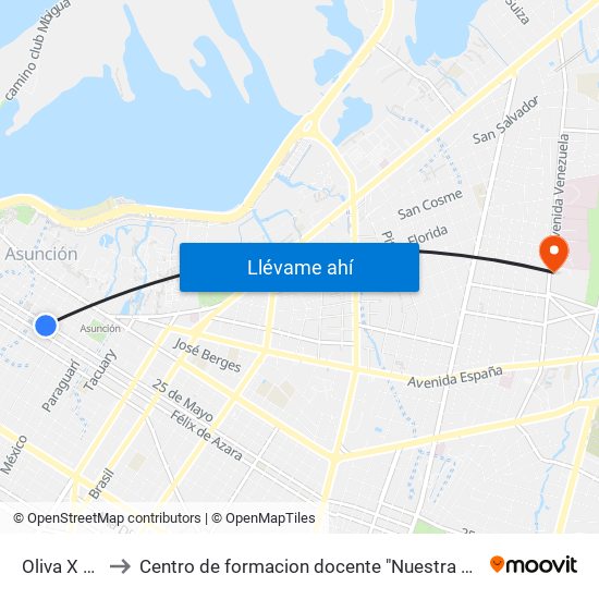 Oliva X Yegros to Centro de formacion docente "Nuestra Señora De La Asuncion" map