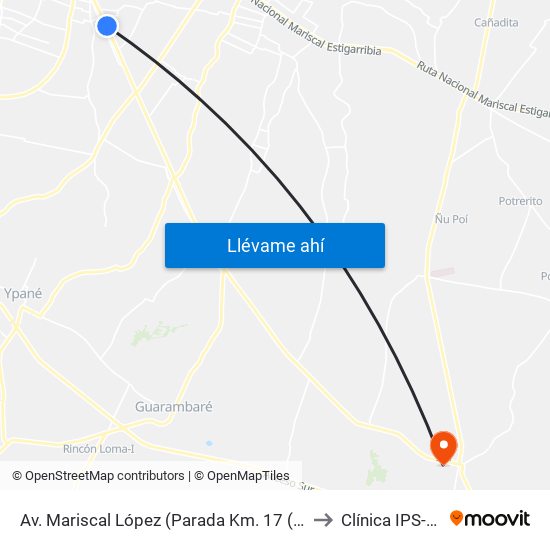 Av. Mariscal López (Parada Km. 17 (1/2)) to Clínica IPS-ITA map