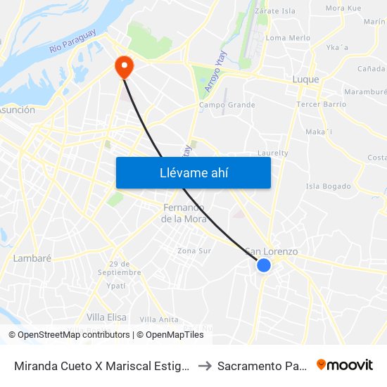 Miranda Cueto X Mariscal Estigarribia to Sacramento Paddle map