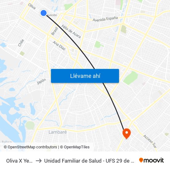 Oliva X Yegros to Unidad Familiar de Salud - UFS 29 de Septiembre map