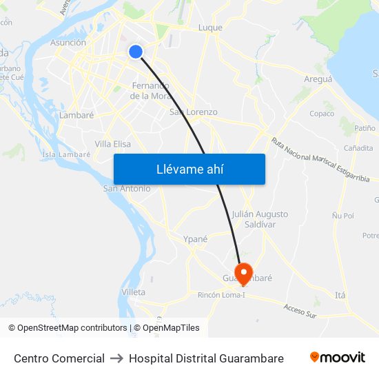 Centro Comercial to Hospital Distrital Guarambare map