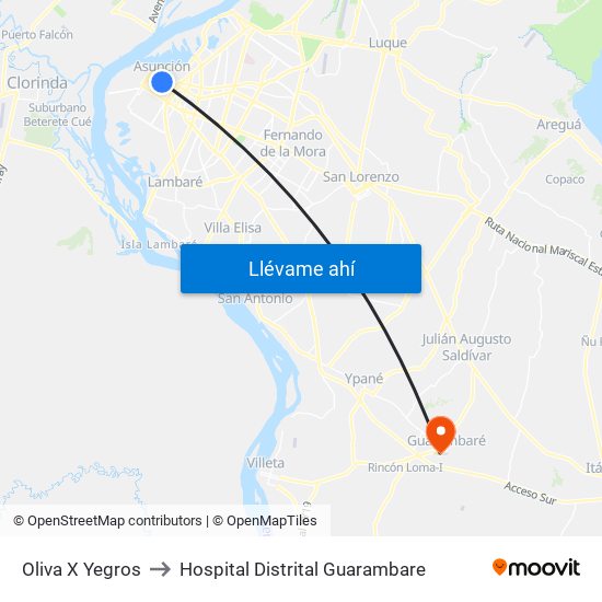 Oliva X Yegros to Hospital Distrital Guarambare map