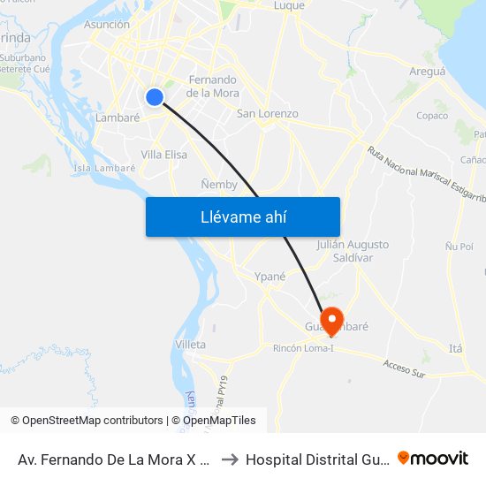 Av. Fernando De La Mora X Av. Argentina to Hospital Distrital Guarambare map