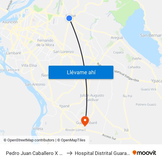 Pedro Juan Caballero X Herrera to Hospital Distrital Guarambare map