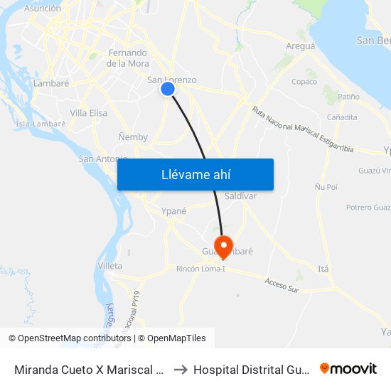 Miranda Cueto X Mariscal Estigarribia to Hospital Distrital Guarambare map