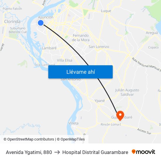 Avenida Ygatimi, 880 to Hospital Distrital Guarambare map