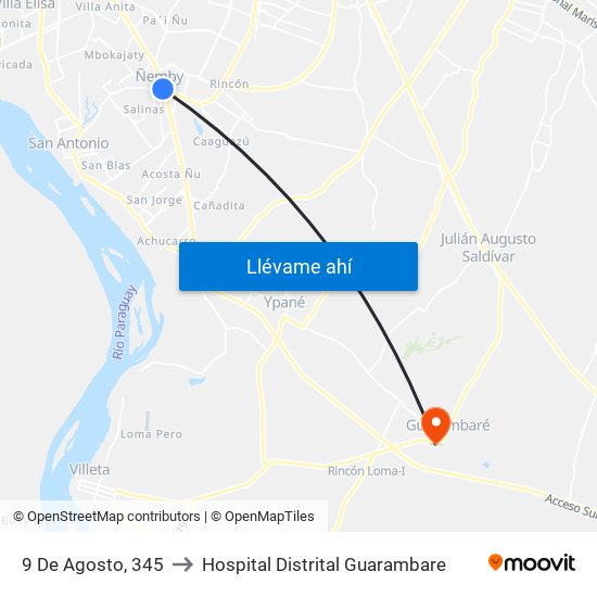 9 De Agosto, 345 to Hospital Distrital Guarambare map