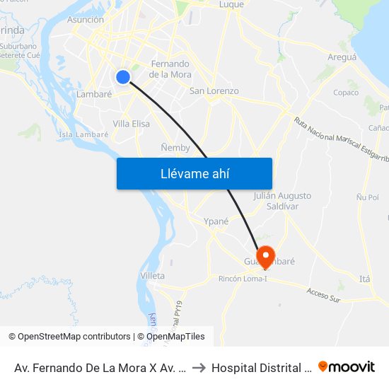 Av. Fernando De La Mora X Av. República Argentina to Hospital Distrital Guarambare map