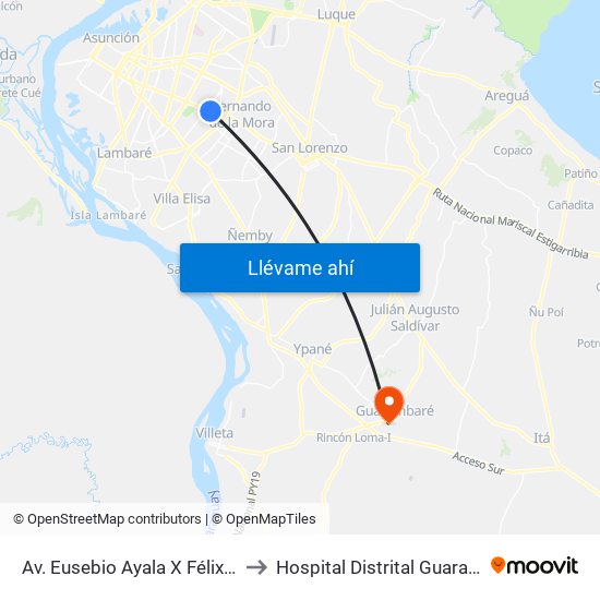 Av. Eusebio Ayala X Félix Lopéz to Hospital Distrital Guarambare map